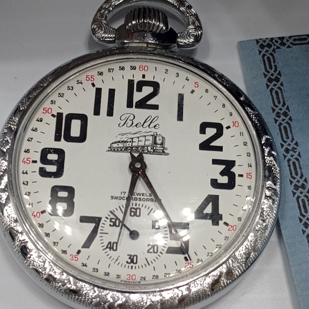Belle-Suisse‎ Pocket Watch 17 Jewels Shock Absorber "Belle" Train Motif Vtg Box - Picture 4 of 16